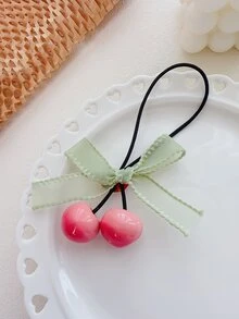 1入組女童珊瑚粉色櫻桃造型綁髮圈,配有蝴蝶結,不傷髮