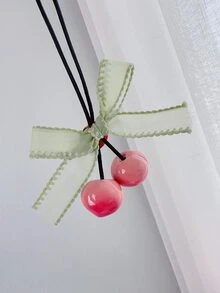 1入組女童珊瑚粉色櫻桃造型綁髮圈,配有蝴蝶結,不傷髮