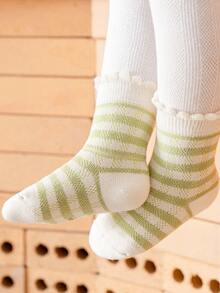 5pairs/set Girls' Green Frog Patterned Warm & Comfortable Lace Edge Crew Socks, Suitable For Autumn And Winter Daily Wear - Multicolor - View 2