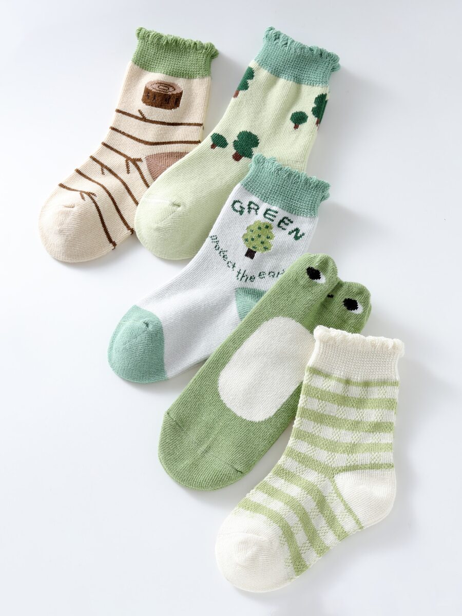 5pairs/set Girls' Green Frog Patterned Warm & Comfortable Lace Edge Crew Socks, Suitable For Autumn And Winter Daily Wear - Multicolor - View 1