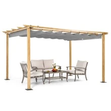 HAPPATIO 10' X 13' Wood-Grain Aluminum Pergola - Adjustable Sun Shade Canopy with Retractable Roof for Backyard, Deck, Patio