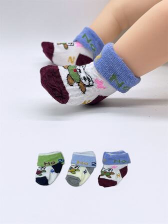 3雙裝嬰兒卡通熊翻邊襪子