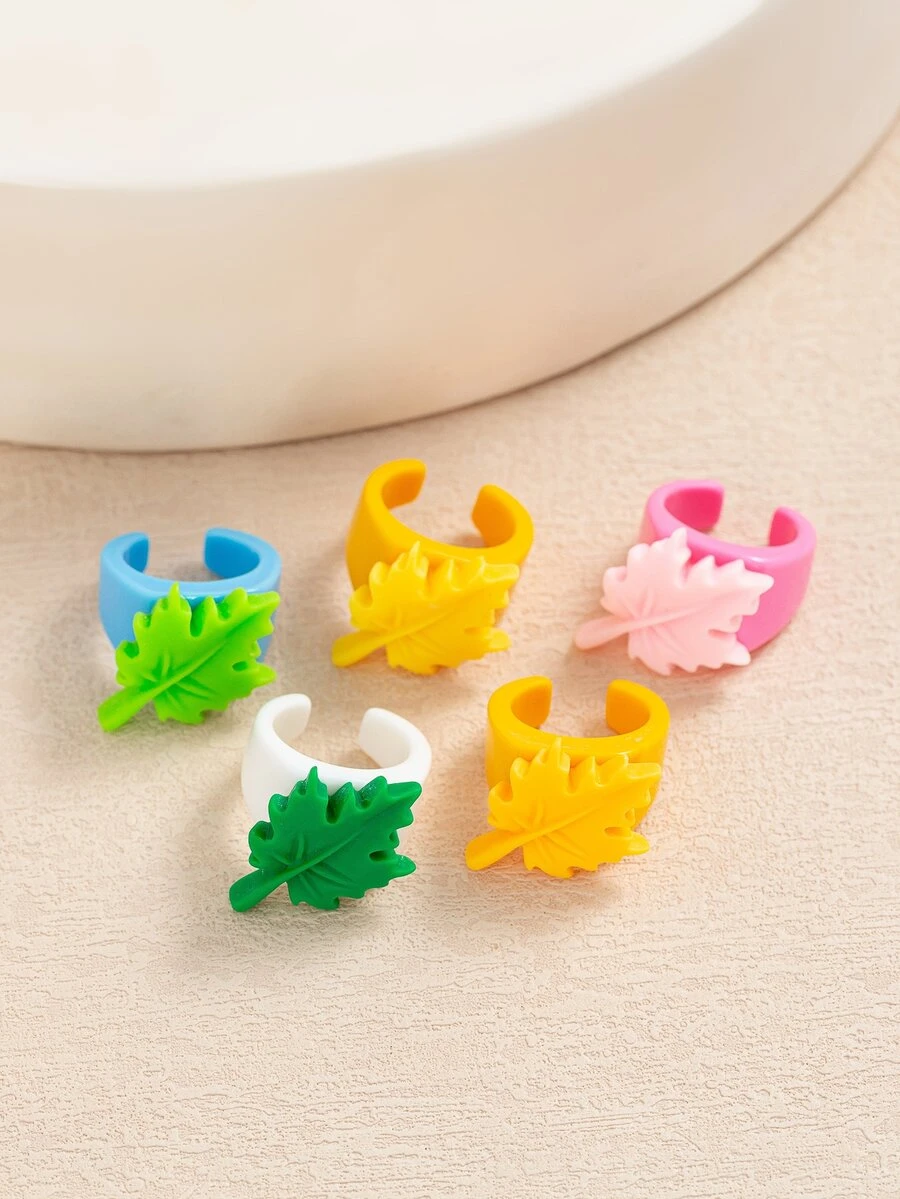 5pcs/set Colorful Leaves Shape Simple And Cute Style Resin Ring Set For Women - Multicolor - View 1