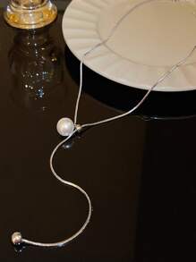 1 件可调节宴会金色仿珍珠单层长项链，情人节或约会场合送给女士的礼物 - 銀色 - 查看 3