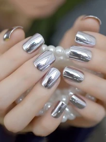 VV MEI JIA ER 24pcs Cool Punk Metallic Reflective Mirror Effect Sliver Full Cover Press On Nails Sticker Nails False Nails Acrylic Short Fake Nail Art Tips For Women And Girls & 1sheet Tape & 1pc Nail File Nail Supplies - Silver - View 2