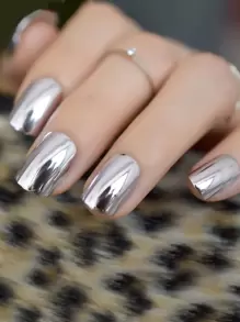 VV MEI JIA ER 24pcs Cool Punk Metallic Reflective Mirror Effect Sliver Full Cover Press On Nails Sticker Nails False Nails Acrylic Short Fake Nail Art Tips For Women And Girls & 1sheet Tape & 1pc Nail File Nail Supplies - Silver - View 1