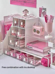 1pc White Delicate Rabbit Desktop Storage Box With 2 Models, Stackable Student Stationery Organizer With Transparent Drawers - White - View 3