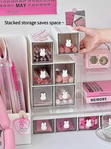 1pc White Delicate Rabbit Desktop Storage Box With 2 Models, Stackable Student Stationery Organizer With Transparent Drawers - White - View 5
