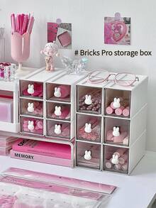 1pc White Delicate Rabbit Desktop Storage Box With 2 Models, Stackable Student Stationery Organizer With Transparent Drawers - White - View 6
