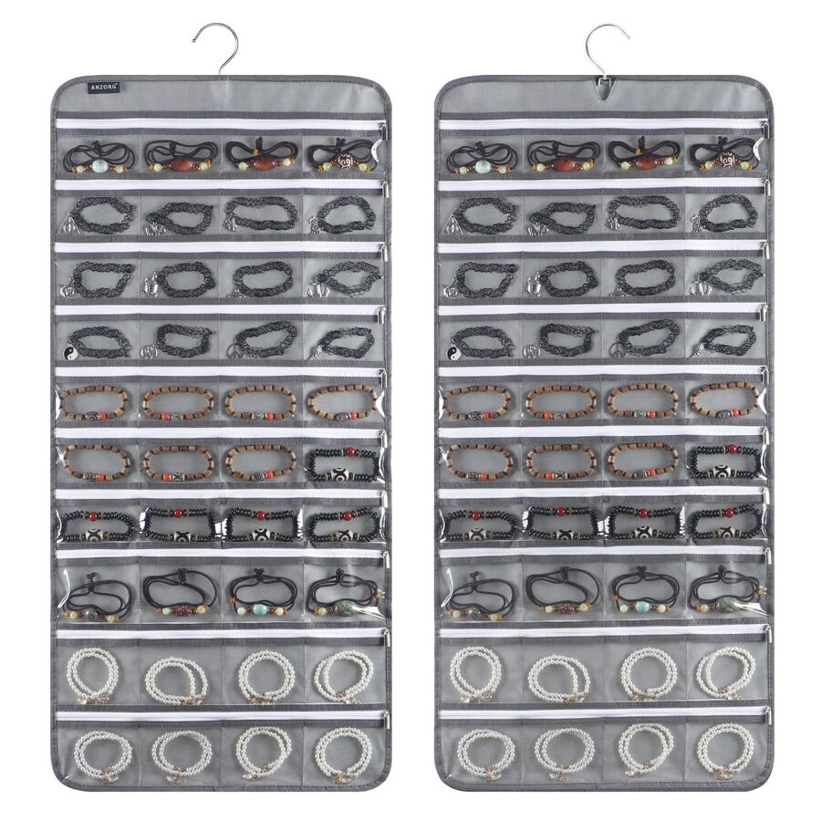 1 Pc 80 Zippered Pockets Hanging Jewelry Organizer for Holding Jewelries Dual-Sided Accessory Display Holder for Earrings Bracelets Rings - Grey - View 1