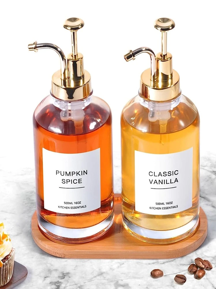 1 pièce Distributeur de sirop de café de 500 ml avec étiquettes et pompe dorée, bouteille de sirop de 500 ml pour bar à la maison, verre transparent (sans autocollants) Rentrée des classes | Mode en ligne | SHEIN FRANCE