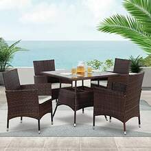 Sunvivi 5-Piece Wicker Outdoor Table And Chairs, Patio Dining Set W/Square Glass Tabletop And Umbrella Hole, Patio Table And Chairs Set For Backyard Deck Balcony Front Porch, Brown - 棕色 - 查看 1
