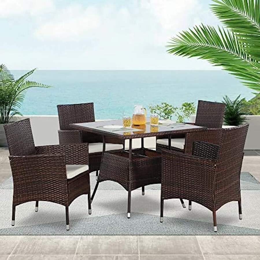 Sunvivi 5-Piece Wicker Outdoor Table And Chairs, Patio Dining Set W/Square Glass Tabletop And Umbrella Hole, Patio Table And Chairs Set For Backyard Deck Balcony Front Porch, Brown - 棕色 - 查看 1