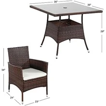 Sunvivi 5-Piece Wicker Outdoor Table And Chairs, Patio Dining Set W/Square Glass Tabletop And Umbrella Hole, Patio Table And Chairs Set For Backyard Deck Balcony Front Porch, Brown - 棕色 - 查看 6