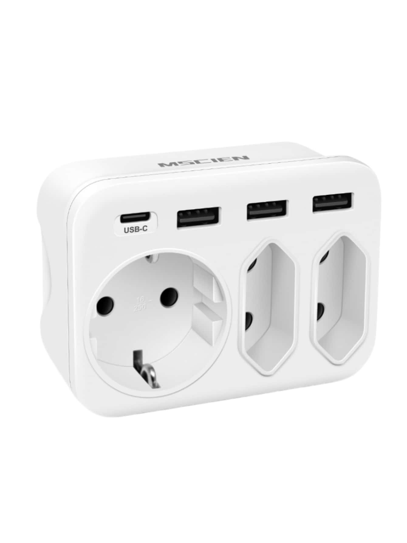 1 件装 Mscien 欧盟插头多 7 合 1 插座适配器 USB Type-C 端口手机充电器家用交流电源插座延长壁式电源板适用于办公室 4000W 16A 250V - 白色 - 查看 1