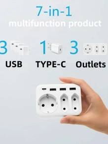 1 件装 Mscien 欧盟插头多 7 合 1 插座适配器 USB Type-C 端口手机充电器家用交流电源插座延长壁式电源板适用于办公室 4000W 16A 250V - 白色 - 查看 4