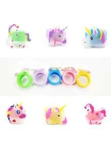 10入組橡膠卡通彩虹多色戒指，適用於生日派對裝飾用品、獨角獸主題派對小禮品 - 彩色 - 查看 4