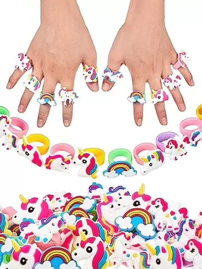 10Pcs Rings Rubber Cartoon Rainbow Multi-Color Rings For Birthday Party Decoration Supplies Unicorn Theme Party Favors