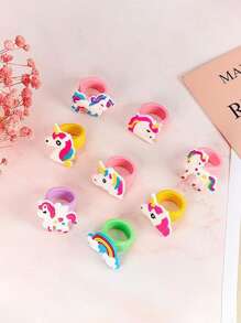 10入組橡膠卡通彩虹多色戒指，適用於生日派對裝飾用品、獨角獸主題派對小禮品 - 彩色 - 查看 3