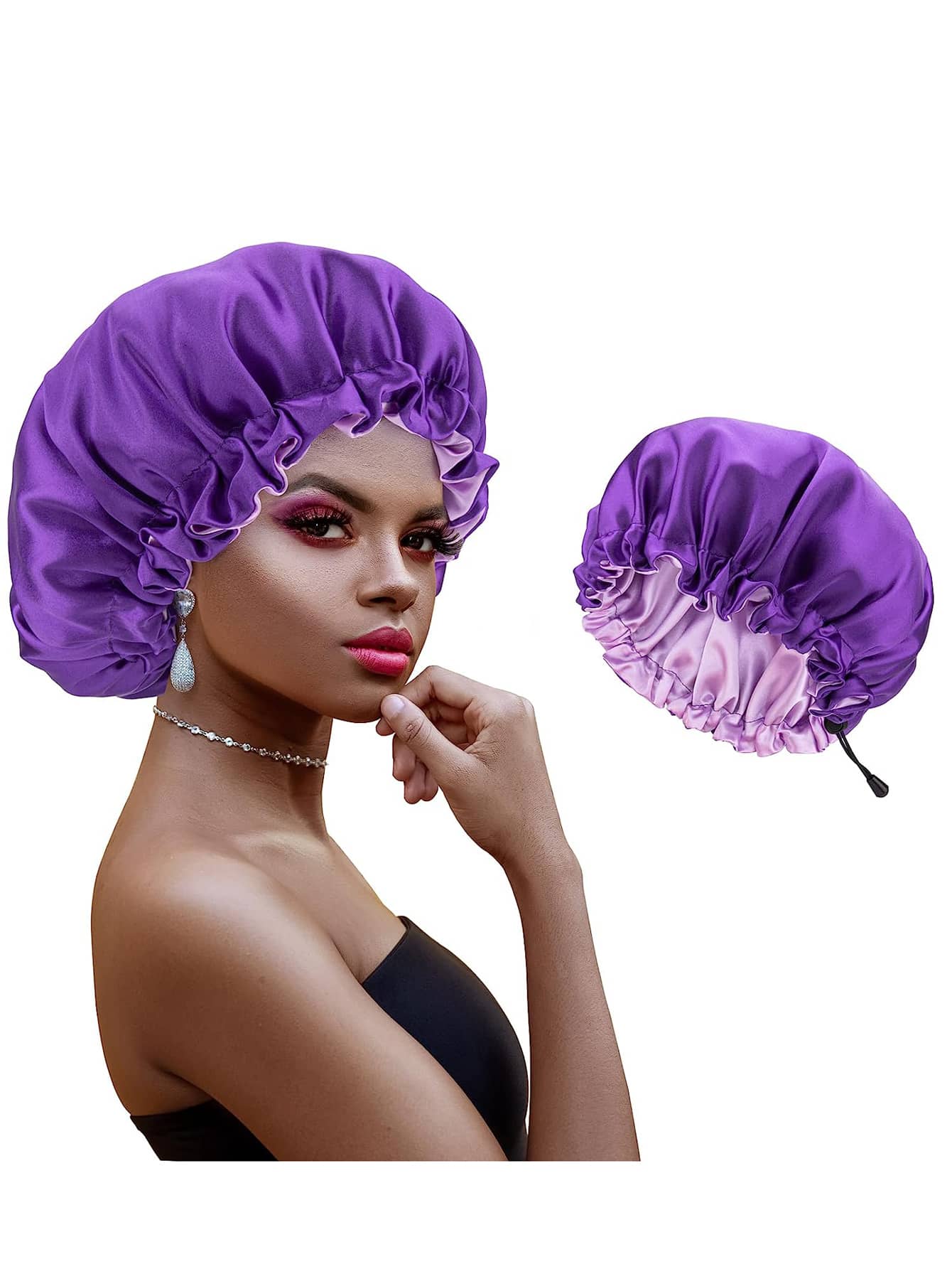 Satin Bonnet, 1PC Silk Bonnet, Hair Bonnet For Women For Curly Hair Sleeping, Silk Sleeping Cap, Satin Sleep Cap, Satin Night Cap, Hair Cap For Sleeping, Sleep Bonnet, Adjustable - Purple - View 1