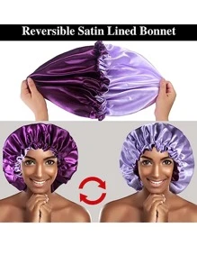 Satin Bonnet, 1PC Silk Bonnet, Hair Bonnet For Women For Curly Hair Sleeping, Silk Sleeping Cap, Satin Sleep Cap, Satin Night Cap, Hair Cap For Sleeping, Sleep Bonnet, Adjustable - Purple - View 3
