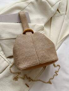 Túi bện vai nữ Túi rơm di động Túi xích nhỏ Túi đeo chéo Túi bện - Màu Khaki - Xem 6