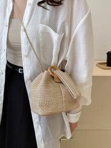Túi bện vai nữ Túi rơm di động Túi xích nhỏ Túi đeo chéo Túi bện - Màu Khaki - Xem 2