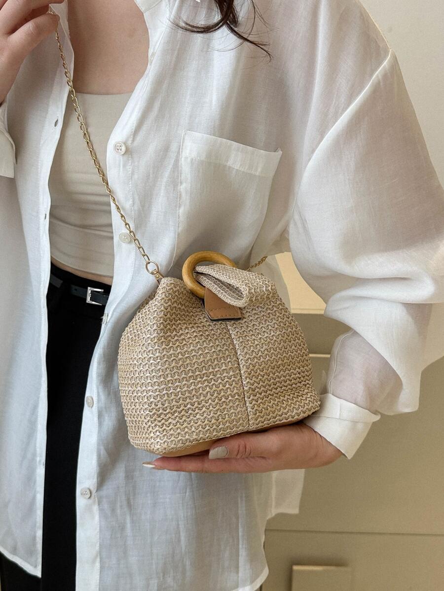 Túi bện vai nữ Túi rơm di động Túi xích nhỏ Túi đeo chéo Túi bện - Màu Khaki - Xem 1