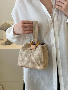 Túi bện vai nữ Túi rơm di động Túi xích nhỏ Túi đeo chéo Túi bện - Màu Khaki - Xem 4
