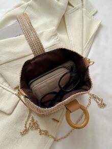 Túi bện vai nữ Túi rơm di động Túi xích nhỏ Túi đeo chéo Túi bện - Màu Khaki - Xem 7