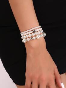NAIZHU 4入組女性優雅人造珍珠手鐲套裝，時尚派對飾品 - 白色 - 查看 4