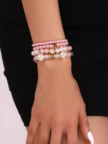 NAIZHU 4入組女士優雅假珍珠串珠手鍊，時尚派對配飾 - 粉色 - 查看 5