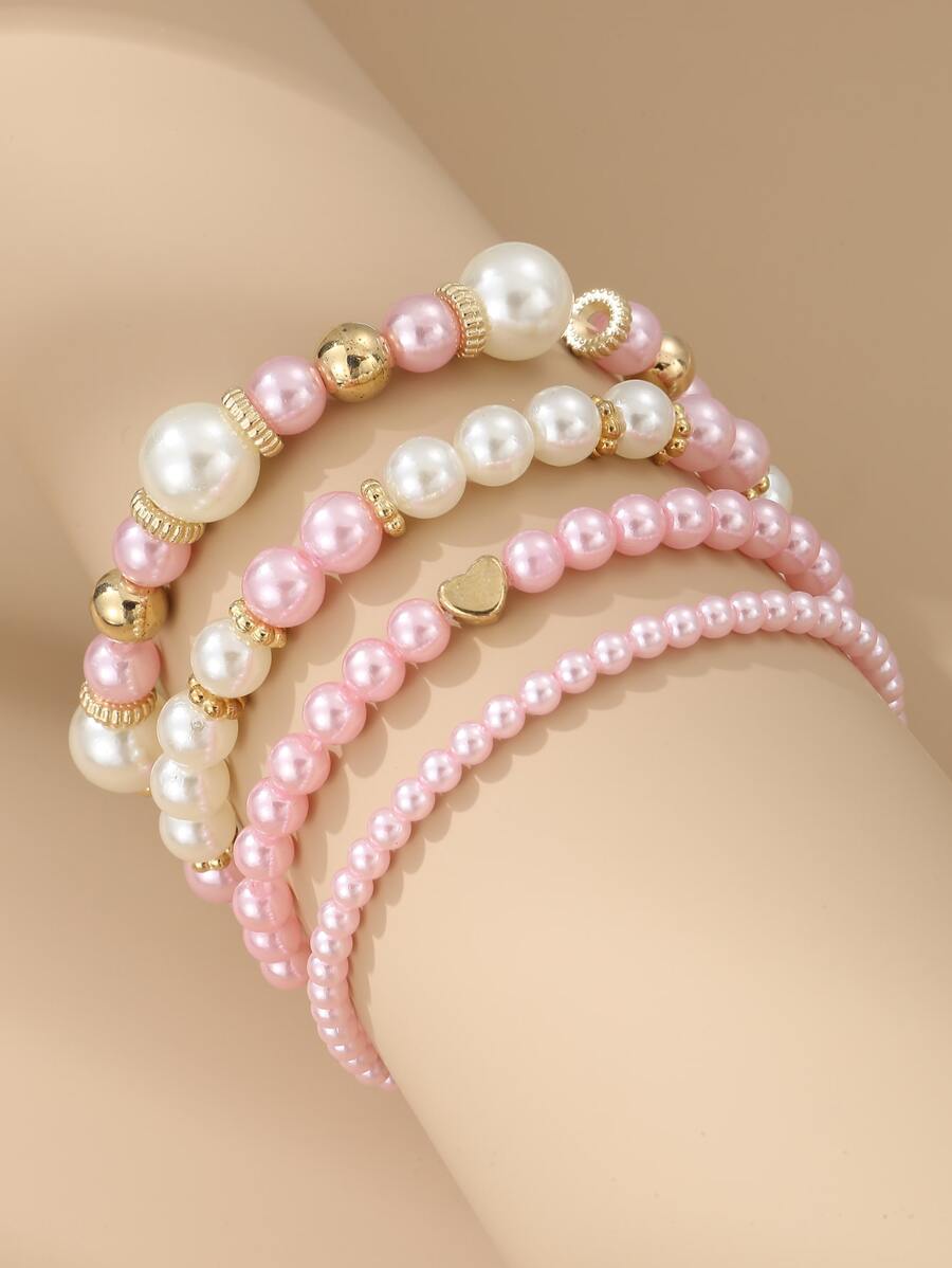 NAIZHU 4入組女士優雅假珍珠串珠手鍊，時尚派對配飾 - 粉色 - 查看 1