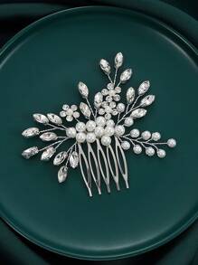 1pc Handmade Faux Pearl Crystal Women Hair Comb, Bridal Headpiece Wedding Accessory Valentine's Day Accessories - Silver - View 2