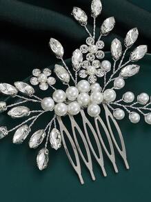 1pc Handmade Faux Pearl Crystal Women Hair Comb, Bridal Headpiece Wedding Accessory Valentine's Day Accessories - Silver - View 3