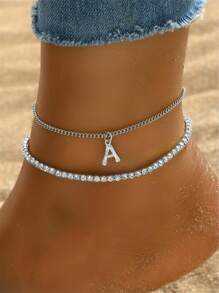 2 件/套透明闪亮水晶水钻首字母 26 字母白金脚链沙滩腿女士手链脚链波西米亚风珠宝 - 銀色 - 查看 1