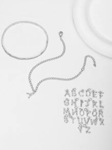 2 件/套透明闪亮水晶水钻首字母 26 字母白金脚链沙滩腿女士手链脚链波西米亚风珠宝 - 銀色 - 查看 2