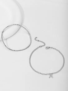 2 件/套透明闪亮水晶水钻首字母 26 字母白金脚链沙滩腿女士手链脚链波西米亚风珠宝 - 銀色 - 查看 4