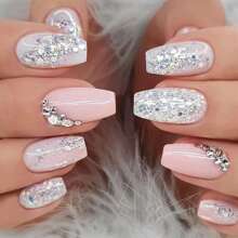 Uñas postizas usables con color de colisión rosa y blanco, pegatinas para decoración de uñas con pedrería y brillo plateado, puntas de uñas desmontables - Plateado - Ver 1