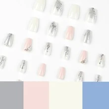 Uñas postizas usables con color de colisión rosa y blanco, pegatinas para decoración de uñas con pedrería y brillo plateado, puntas de uñas desmontables - Plateado - Ver 5