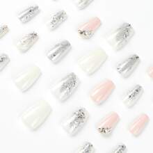 Uñas postizas usables con color de colisión rosa y blanco, pegatinas para decoración de uñas con pedrería y brillo plateado, puntas de uñas desmontables - Plateado - Ver 2