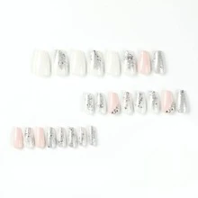 Uñas postizas usables con color de colisión rosa y blanco, pegatinas para decoración de uñas con pedrería y brillo plateado, puntas de uñas desmontables - Plateado - Ver 4