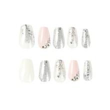 Uñas postizas usables con color de colisión rosa y blanco, pegatinas para decoración de uñas con pedrería y brillo plateado, puntas de uñas desmontables - Plateado - Ver 3