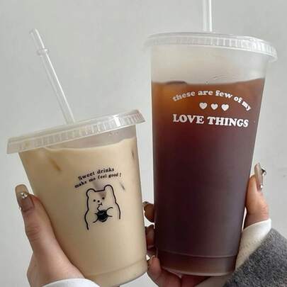 1/2pcs 700ml Or 470ml PP Coffee Cup, Portable Cartoon Straw Cup, Iced Coffee/Americano Cup, Couple Water Bottle, Back To School Season