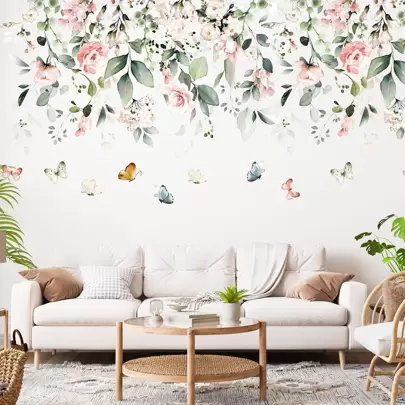 BRUP 2pcs Hand Drawn Watercolor Pink Rose Green Leaves Vine Wall Stickers, Stickers, Wall Decal, Vinyl Decal For Home Decorations, Spring Decoration Items Refresh Your Home, Rama Decoration Stickers Gifts Birthday Graduation