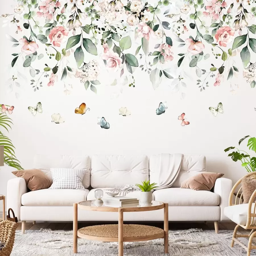 BRUP 2pcs Hand Drawn Watercolor Pink Rose Green Leaves Vine Wall Stickers, Stickers, Wall Decal, Vinyl Decal For Home Decorations, Spring Decoration Items Refresh Your Home, Rama Decoration Stickers Gifts Birthday Graduation - Multicolor - View 1