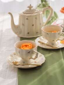 2pcs/set 220ml European Style Vintage Floral Ceramic Cup & Saucer Set, Golden Rim Large Tea Cup, For Home, Restaurant, Coffee & Tea Time