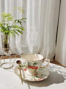 2pcs/set 220ml European Style Vintage Floral Ceramic Cup & Saucer Set, Golden Rim Large Tea Cup, For Home, Restaurant, Coffee & Tea Time