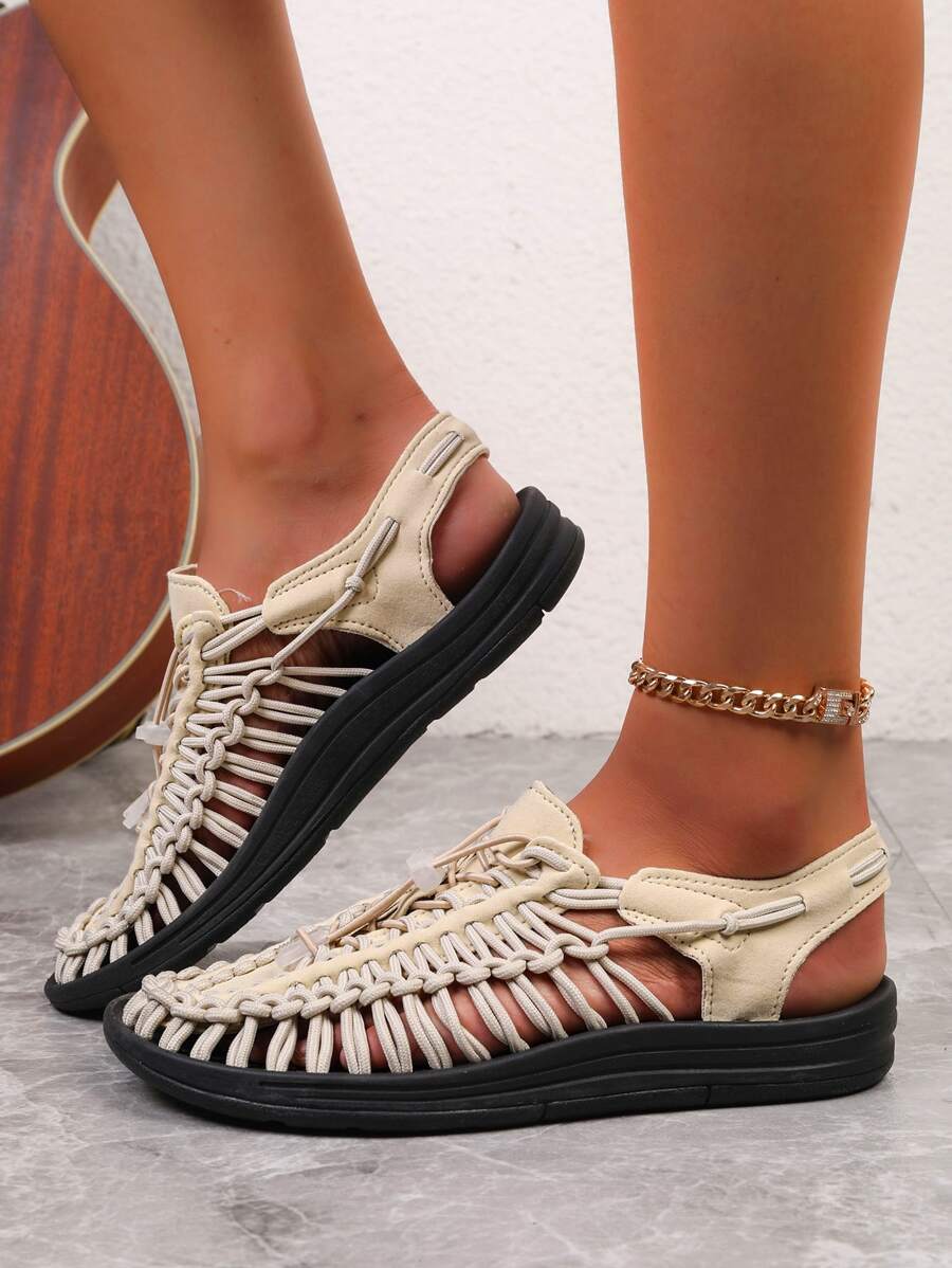 女士休閒鏤空編織海灘平底鞋,女士淺褐色鏤空鞋