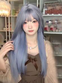 女性合成纖維頭髮假髮,漸變淺灰色藍色的長款直發帶空氣劉海,夏天風格,充分頭套設計,時尚和使 - 漸層 - 查看 3